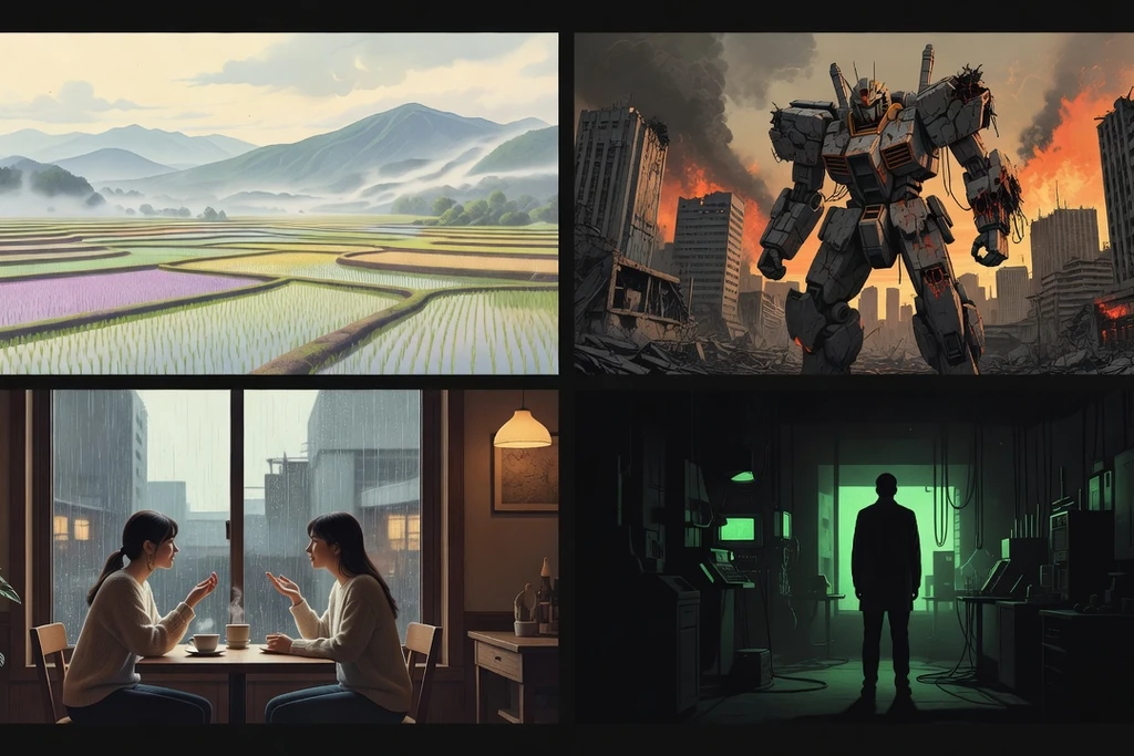 Collage de cuatro cuadrantes: paisaje rural, mecha, café con dos personajes y laboratorio oscuro
