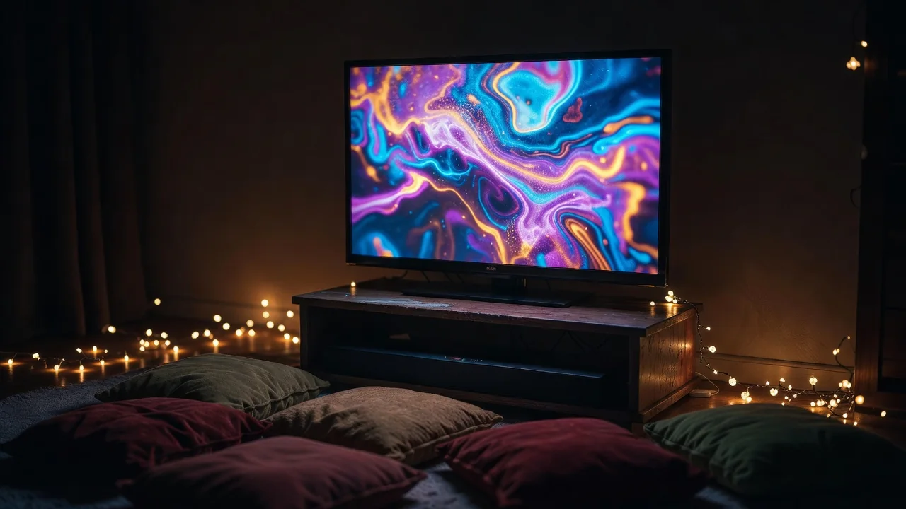 Espacio acogedor de cine en casa con poco presupuesto, luces cálidas y textiles
