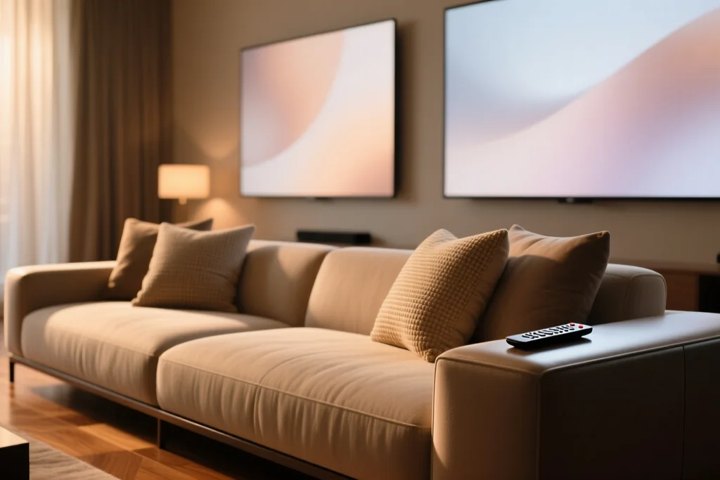 Mando sobre la mesa y varias personas mirando una pantalla con la lista de títulos