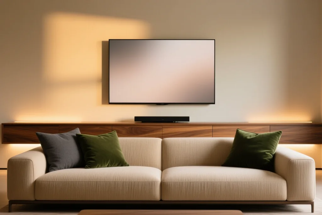 Dos mandos de videojuegos sobre una mesa baja frente a una pantalla encendida