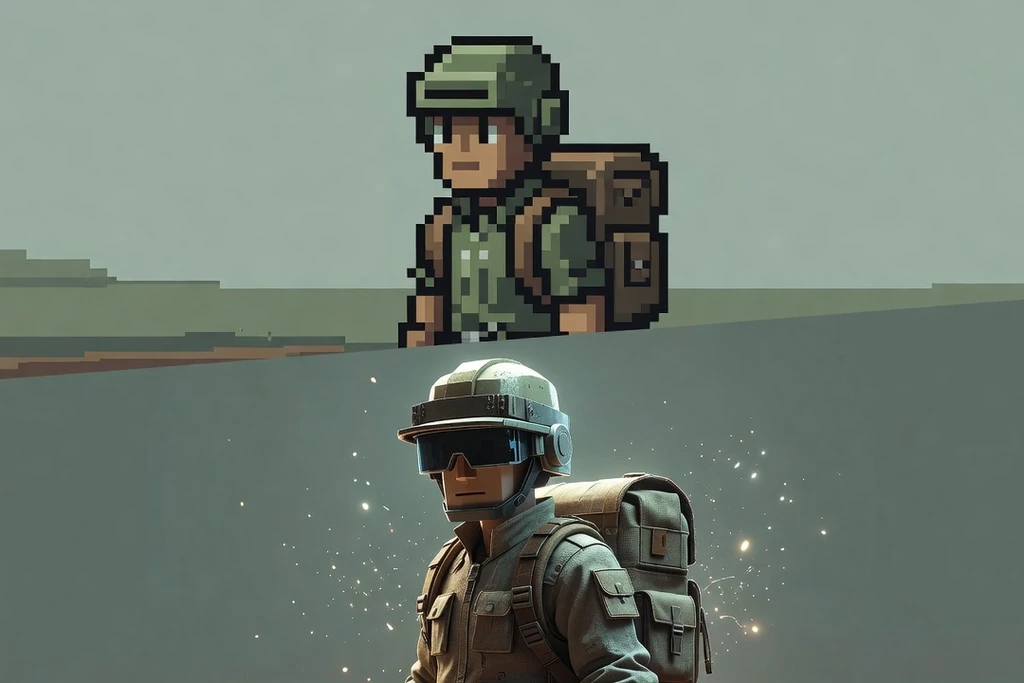 Personaje de videojuego en versión pixelada y en versión remasterizada, divididos en diagonal