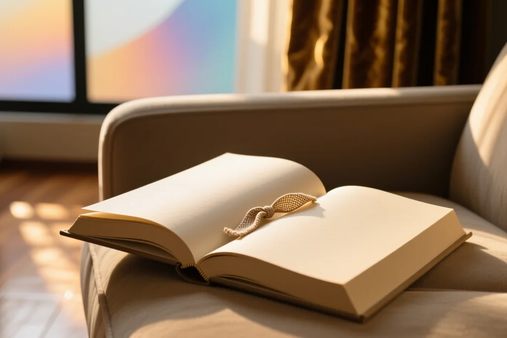 Libro abierto junto a una pantalla con una adaptación en pausa sobre una mesa de madera