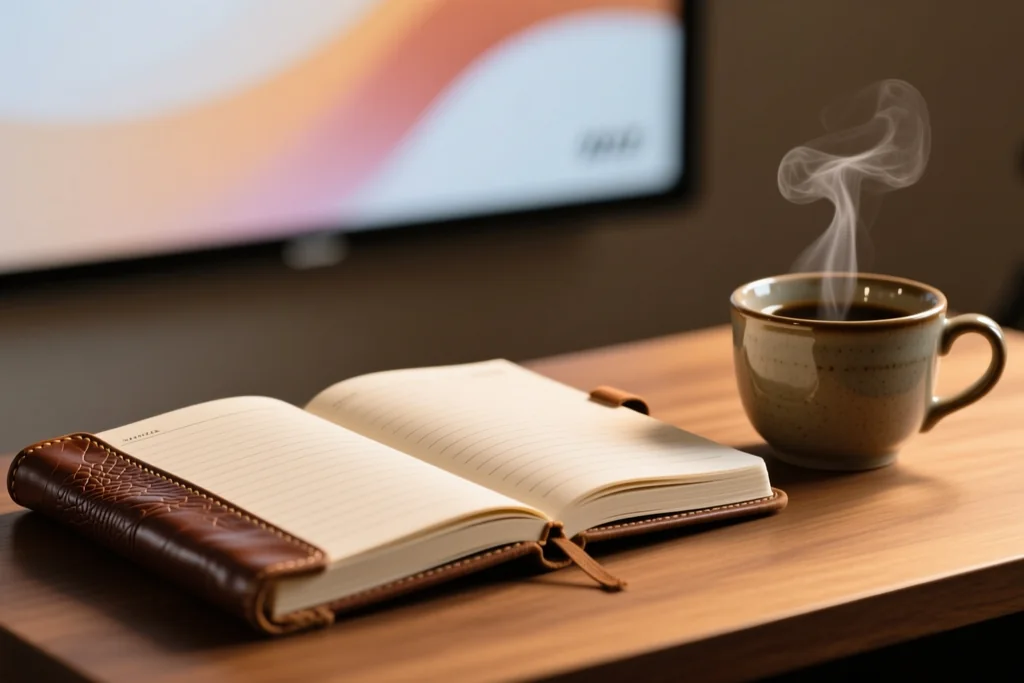 Libro abierto sobre una mesa con un cuaderno de notas y una taza de café
