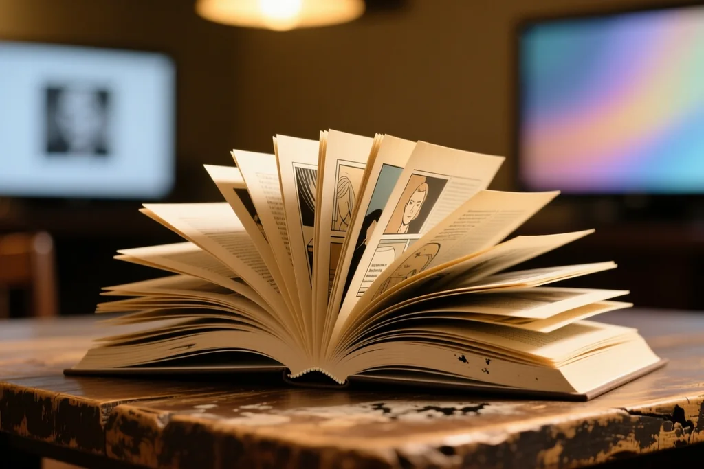 Volumen de tapa dura y cuaderno grapado abiertos sobre una mesa con viñetas a la vista