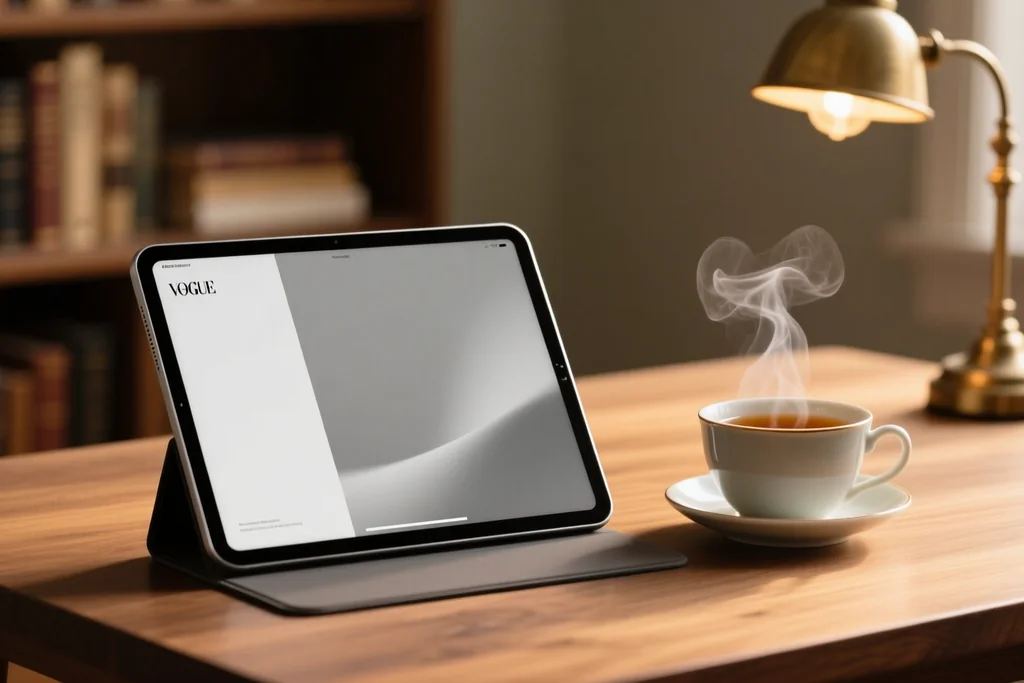 Lector de tinta electrónica apoyado junto a un libro de papel sobre una manta