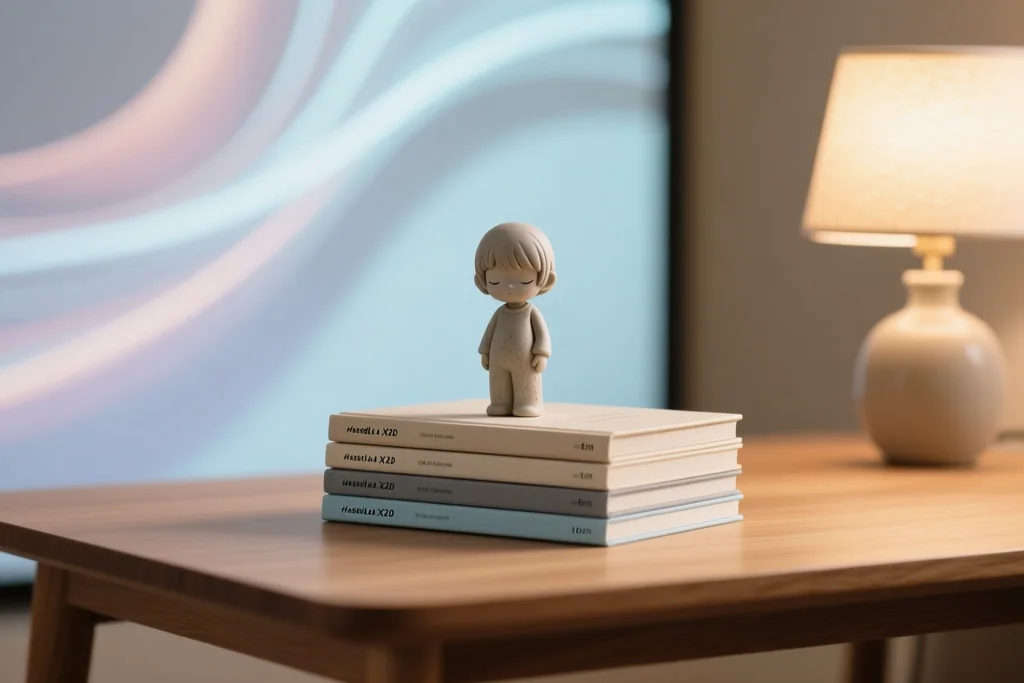 Estantería con tomos de manga y una tablet con una serie de animación en marcha
