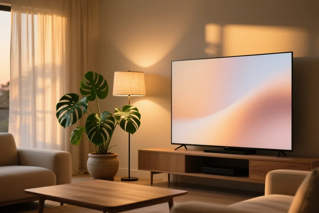 Salón con televisor encendido, una tablet apoyada en el sofá y un móvil en la mano