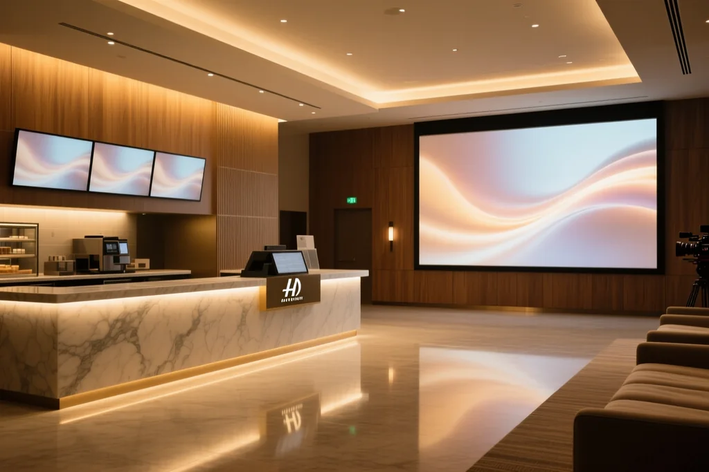Butacas rojas de una sala de cine vacía con la pantalla encendida al fondo