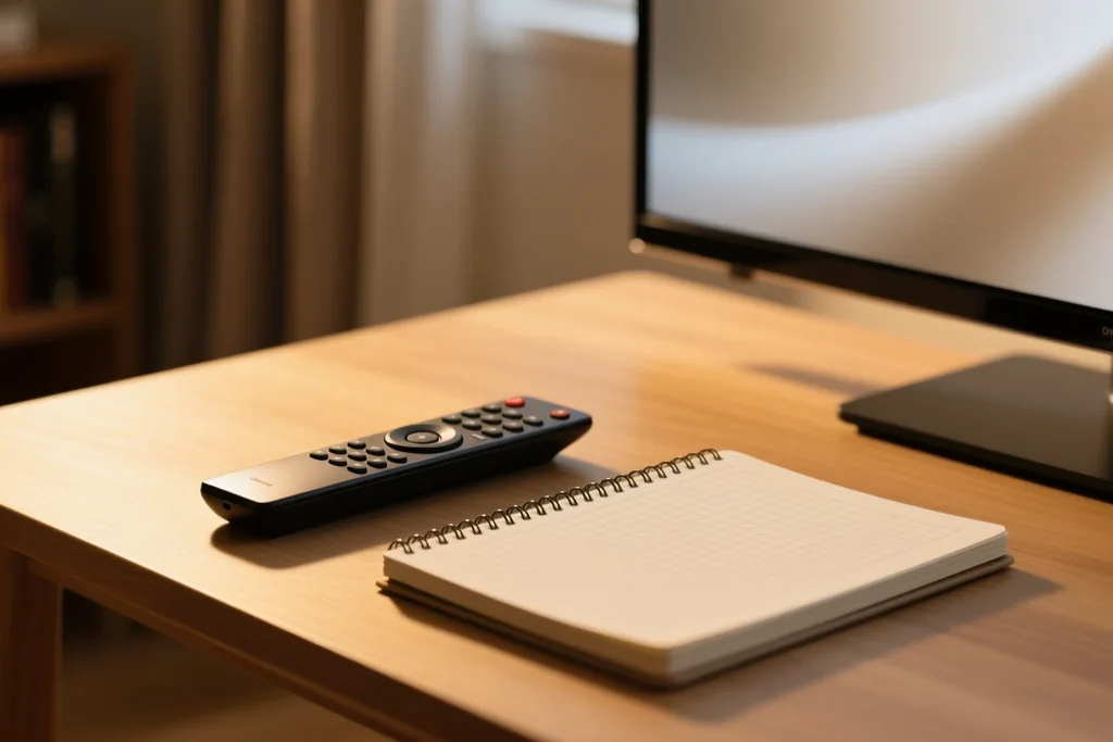 Pantalla con varias aplicaciones de vídeo y una lista de suscripciones apuntada en papel