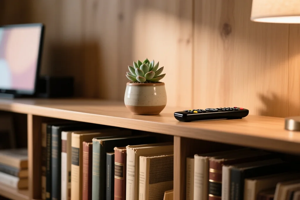 Cuaderno con una lista de títulos apuntada a mano junto a un mando de televisión