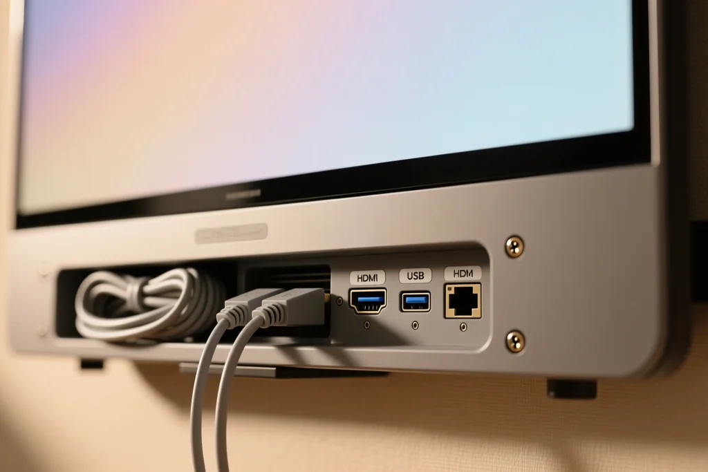 Cables de vídeo y adaptadores ordenados sobre una mesa junto a un televisor
