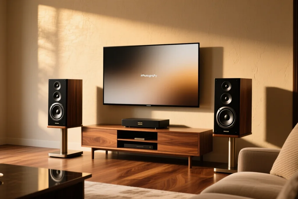 Altavoz de barra de sonido colocado bajo un televisor en un salón en penumbra