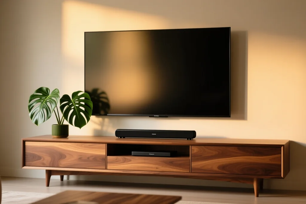 Salón con un televisor colgado en la pared frente a un sofá y una lámpara encendida